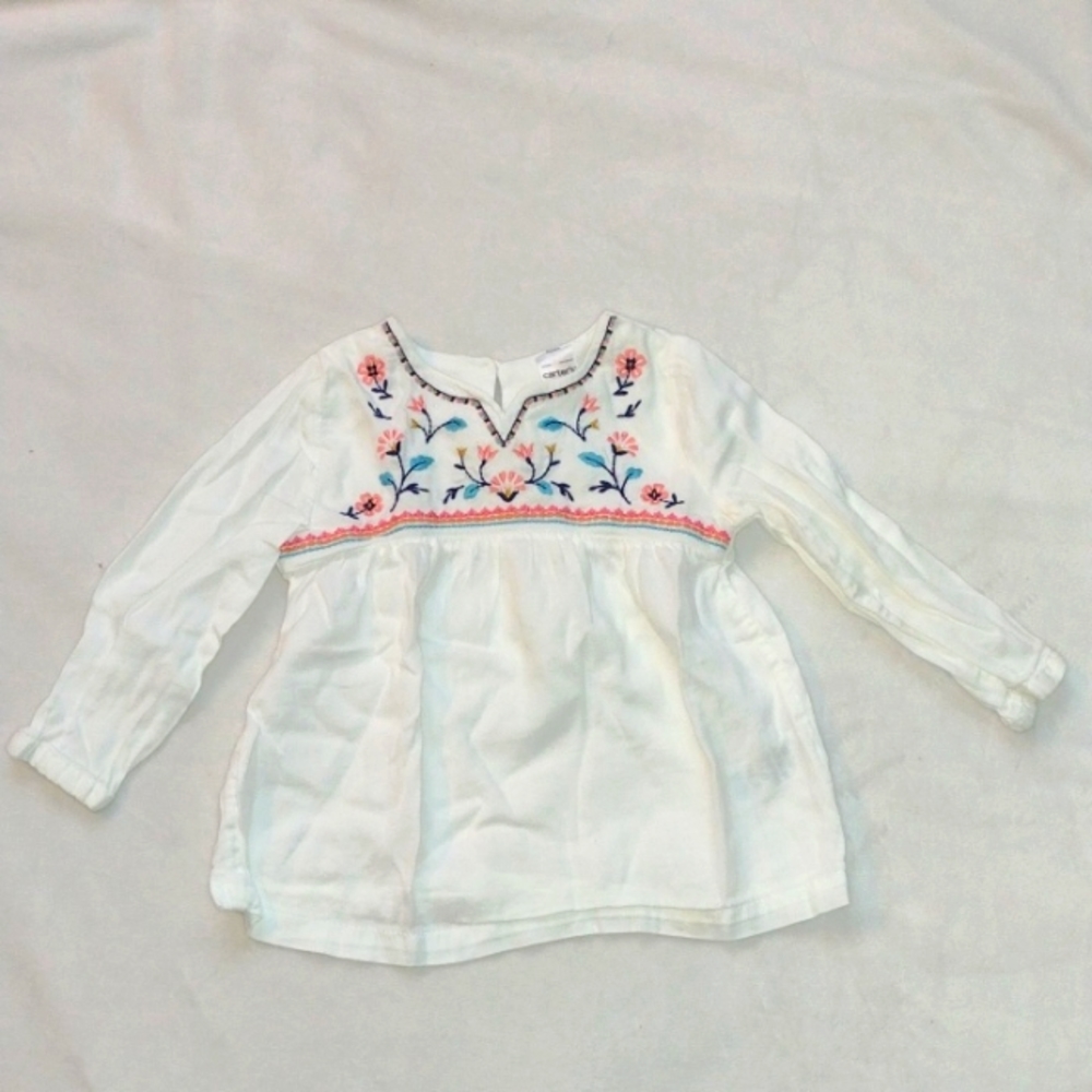 Carter's White Long Sleeve Tee with Folk-Art Embroidery
